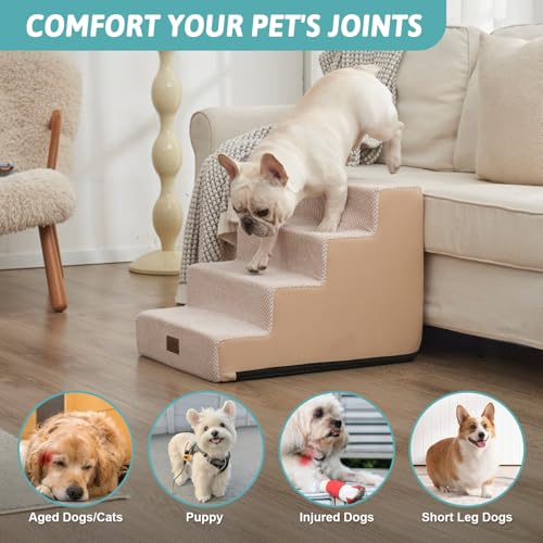 COZY KISS Dog Stairs for Small Dogs, 4 Tier Wider Pet Stairs for Couch and Beds, 17.7\" H Non-Slip Dog Steps for Old Cats, Puppy, Small Medium Dogs, 17.7x23.6x17.7 inch, Beige