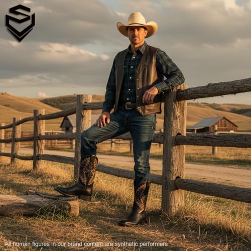 Image of SUREWAY Cowboy Boots For Men - Mens Square Toe Western Boot,Oil /Slip Resistant,Durable Fashionable Classic Pull on 10 Inch Boots Mid Calf Wellington Boots