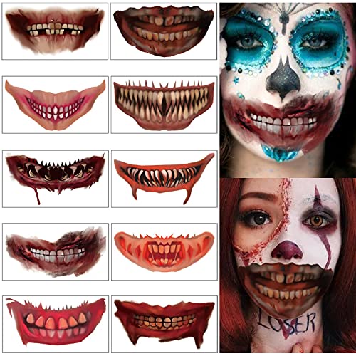 Halloween Mouth Tattoo Stickers Halloween Prank Makeup Temporary Tattoo Paper Horror Lip Big Mouth Face Tattoos For Adults Women Men Clown Cosplay Halloween Makeup Prank Props (10 Sheets) #TOP24