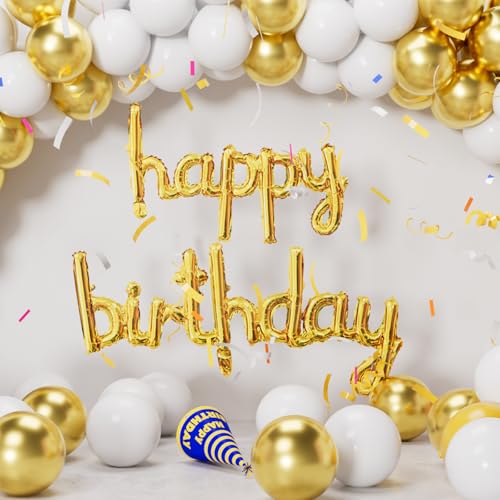 Image of Gold Happy Birthday Balloons Banner 16 Inch Mylar Foil | Happy Birthday Letters Sign for Women Men Adults Birthday Party Decorations