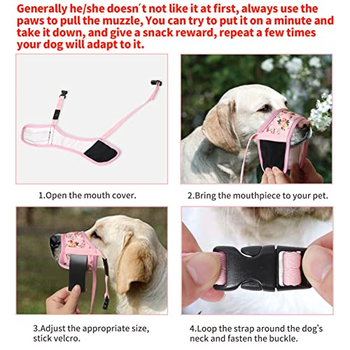 HEELE Hund Maulkorb, Maulkörb für Hunde, Weiche Nylon Drucken Maulkorb Air Mesh Atmungsaktiv Einstellbar Schleife Muster Haustiere Maulkörbe für Kleine Mittlere Große Hunde, Pinke Blume, S