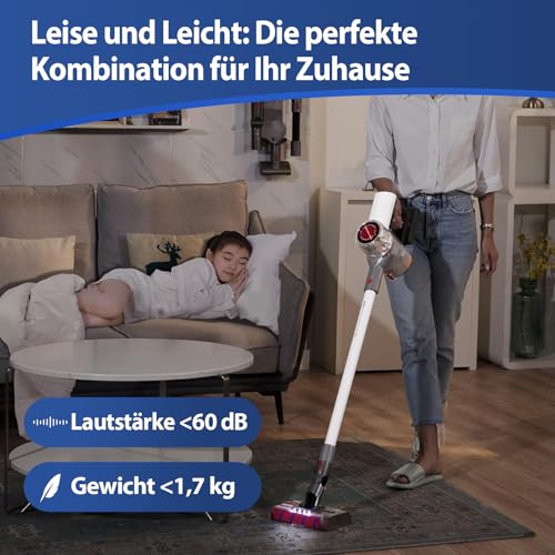 Vozascly 450W/40Kpa Akku Staubsauger, 60Min Staubsauger Kabellos für Zuhause, Ultra-Leise mit LED Display, Anti-Verhedderungs-Bürste akkustaubsauger für Böden, Teppiche & Tierhaare - ZEFIRO