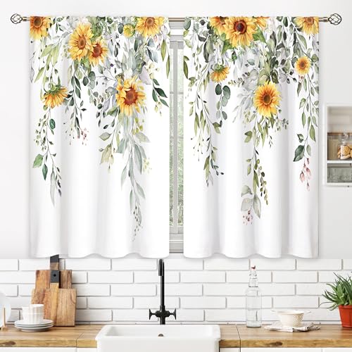 oolygoo Eucalyptus Botanical Leaves Yellow Sunflower Floral Kitchen Window Curtains Flower Plant Small Window Treatment Sage Green Cafe Short Curtains for Bathroom Treatment Tier Drapes 26x30 inch by oolygoo - Image 3
