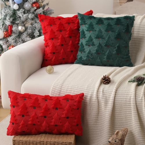 Image of Allorry Christmas Pillow Covers 12x20 inch Set of 2 Christmas Decorations Soft Plush Faux Fur Wool Red Christmas Tree Throw Pillow Cases Winter Holiday Decor for Sofa Living Room PT002B12