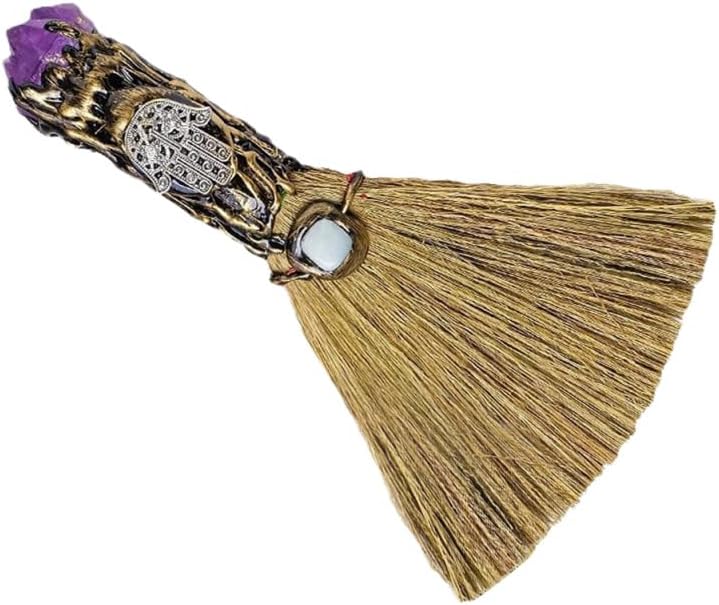 Ipetboom Amethyst Mini Witch Broom 6.3 Inch Halloween Broomstick Prop Portable Synthetic Cleaning Tool with Natural Crystal Decoration for Party Cosplay Home Office Car