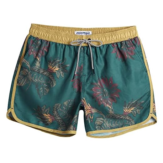 MaaMgic Herren Badeshorts Vintage Retro Boardshorts Schnelltrocknend mit Mesh-Futter und Verstellbarem Tunnelzug MEHRWEG Gelb Dunkelgrün M