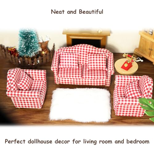 Cutemini DJ0048 Dollhouse Couch Miniature Sofa With Pillows Dollhouse Living Room Funiture 1:12 Scale Model 3 Pcs High Simulation Upholstered Wooden Fabric Armchair Mini Room Artificial House Scene Decoration thumb #6
