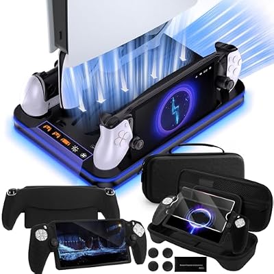 All-in-1 Accessories Bundle for Playstation Portal, PS5 Cooling Station / Charger Dock with RGB, Carrying Case for PS Portal, Silicone Protective Cover, HD Screen Protector, 4 Thumb Grips for Ps5 Portal - Black