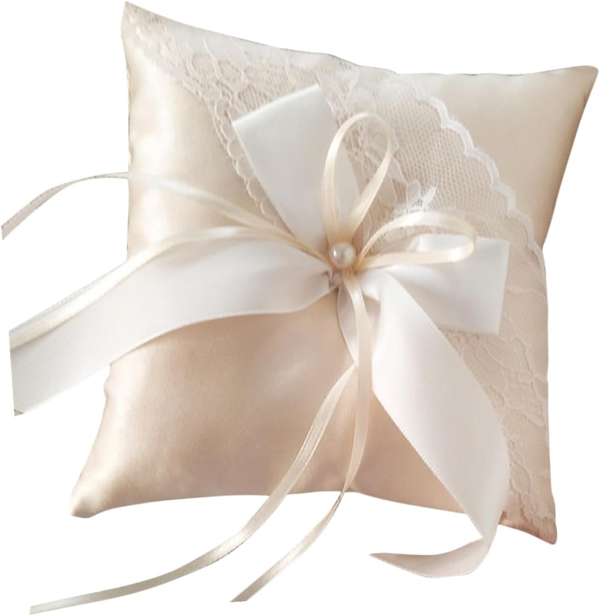 Engagement Ring Bearer Pillow Cushion 15x15cm Satin with Artificial Pearl Decoration and Ribbon for Wedding Ceremony
