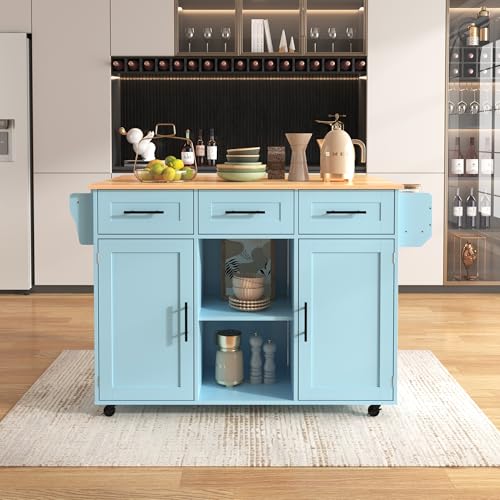 Miniatura 3 de Lakfew Isla Cocina Con 5 Ruedas Y Mesa Plegable, Aparador Cocina Con 2 Puertas Y 3 Cajones, Mueble Auxiliar De Cocina Isla De Cocina Con Estantes Ajustables Y Toallero, 139x46 71 X91.5 Cm, Azul