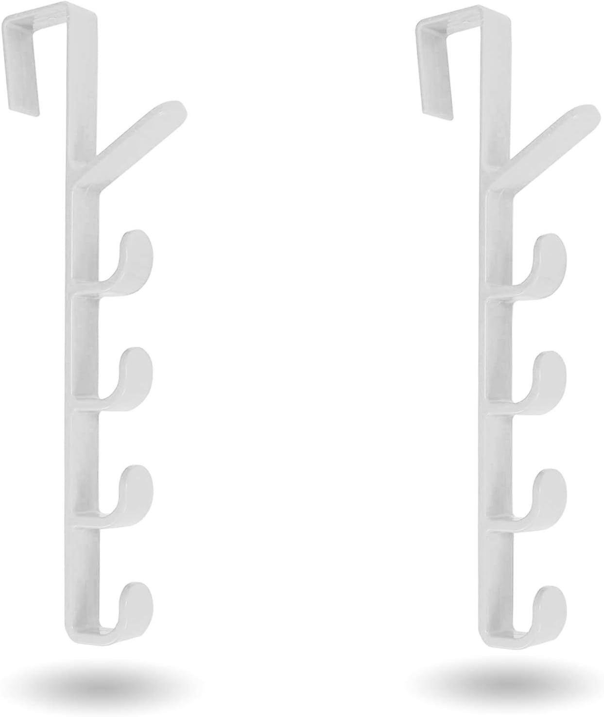 [Mighty Tidy Home] 2-Pack Over The Door Hook Hanger | 5-Hook Heavy-Duty Organizer Rack for Coats, Hats, Robes, Shirts, Belts, Bags, Towels, Closet and Bathroom (2-Pack in White)