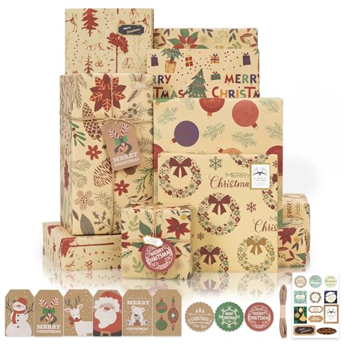 Larcenciel Carta Regalo Natale Kraft, 6 Fogli Carta da Regalo Rossa + Etichette Regalo + Adesivi + Corda per Imballaggio, Carta da Pacchi Regalo Vintage con Fiori Botanici Classici di Natale, 70x50CM