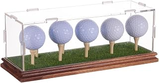 ORIGACH Hole in One Golf Ball Display Case Holder for 9 Balls | Wanult Wood Base Clear Acrylic Memorabilia Stand Cube Holder with Lifelike Turf Wood Tee-Office Decor Gifts for Men