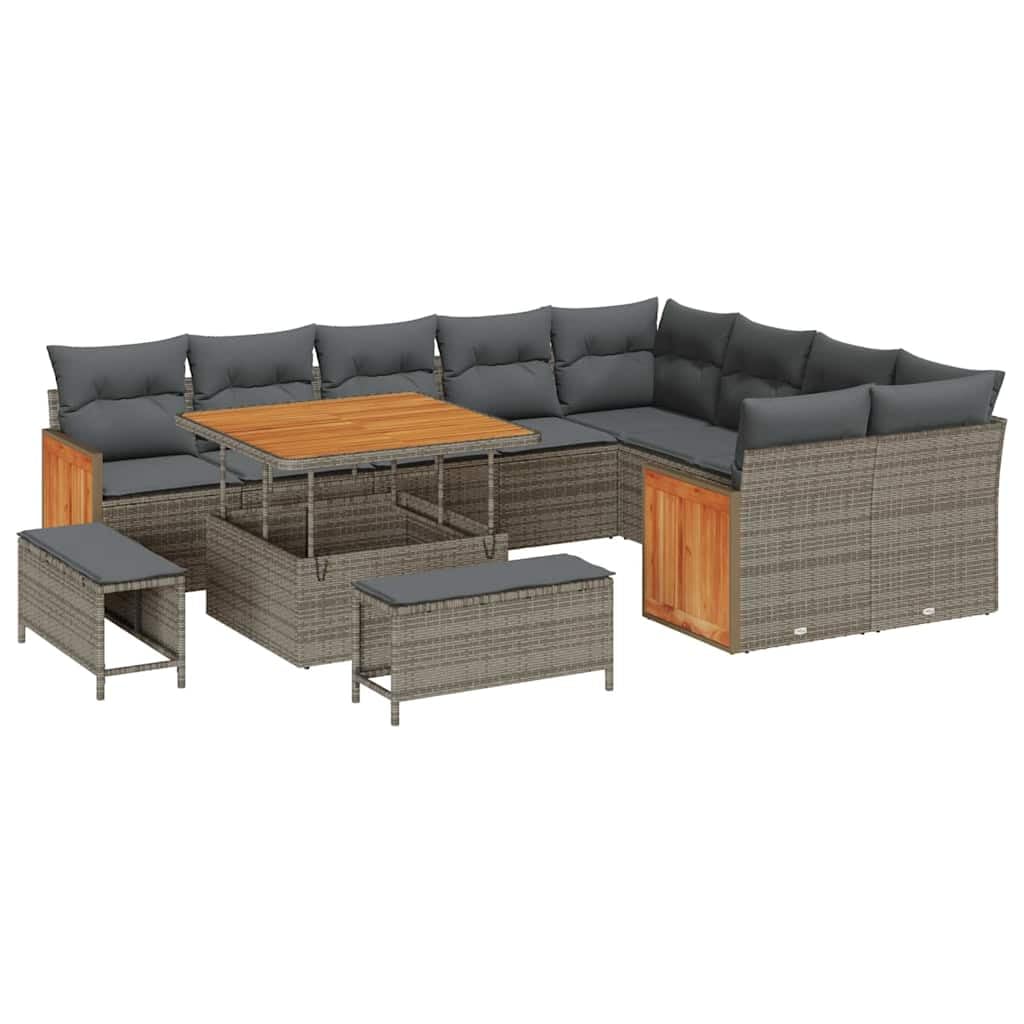 Set Divano da Giardino Modulare 13 Pezzi con Cuscino Grigio Polyrattan, Salotto Esterno Resistente con Tavolo e Pouf, Angolare Centrale per Terrazzo Patio, Durevole e Leggero con Coperte Lavabili