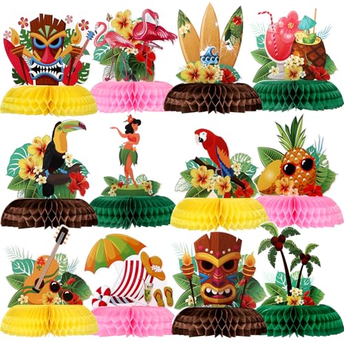 Gersoniel 12 Pcs Hawaiian Luau Honeycomb Table Centerpieces Double Sided Luau Tiki Aloha Table Decorations 8 Inch Base Big Size for Tropical Flamingo Summer Birthday Wedding Pool Party Decorations