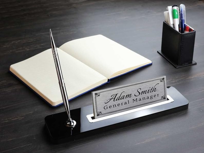 Personalized Luxury Desk Name Plate | Black Wooden Desk Name Plate with Pen Holder, Custom Desk Name Plate, Office Sign, Desk Sign