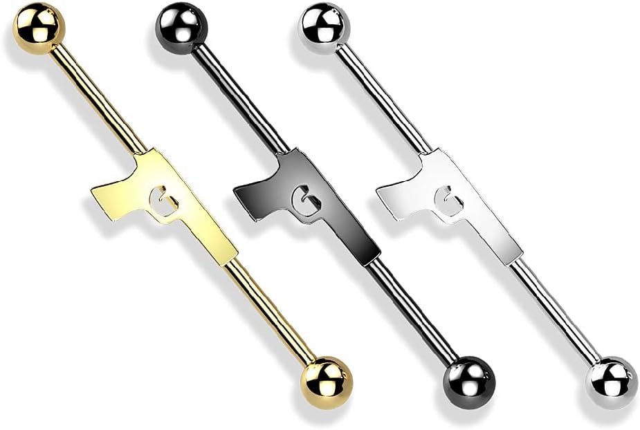 Pierced Owl - 14GA Centered Hand Gun 316L Surgical Stainless Steel Industrial Barbell Earring