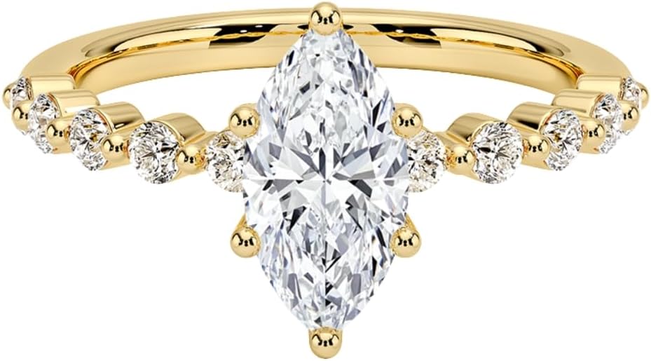 1-5 CT Marquise Cut Moissanite Engagement Ring with 0.22 CT Round Side Stones (10 Stones) in 10K/14K/18K Solid Gold or 925 Sterling Silver – Bezel Pave Band Bridal Ring for Women