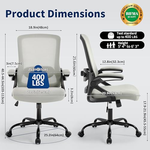 Image of Ergonomic Office Chair, Desk Chair with Adjustable Lumbar Support, Breathable Mesh Comfy Computer Chairs with Flip-up Armrests Executive Task Chair for Adults Home Office (Dark Gray)