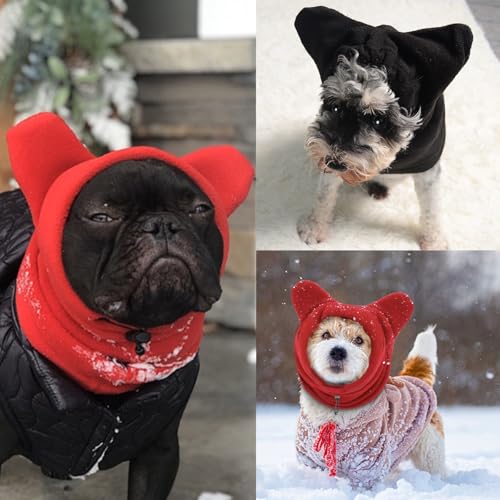 DINGFENG 2 Stück Hundemütze Ohrenschützer mit Noise Cancelling - Silvester Hunde Mütze Hundewarme Kopfbedeckungen,Winter Haustier Schal Windschutz Mit Kordelzug (Schwarz und Rot S)