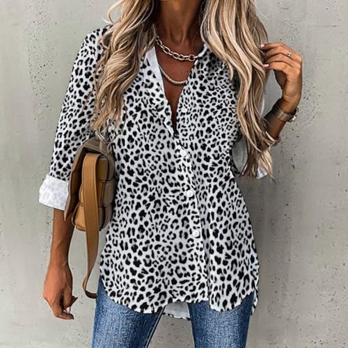 Long Sleeve Button Down Shirts for Women, Black Leopard Print A Fashion V-Neck Womens Blouse Casual Tops2