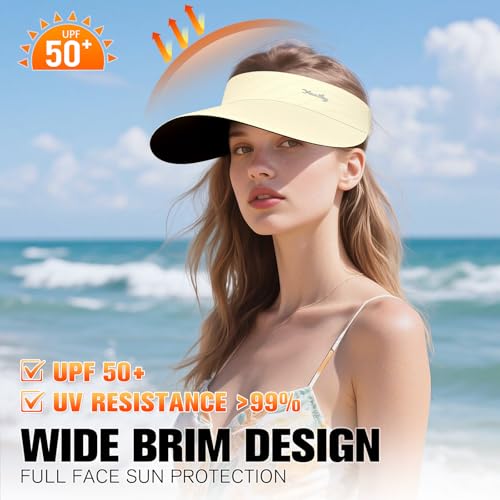 Image of YANIKY Sun Visor for Women Wide Brim Summer UPF50+ UV Protection Seamless Sun Hats Foldable Beach Cap (US, Alpha, One Size, Beige)