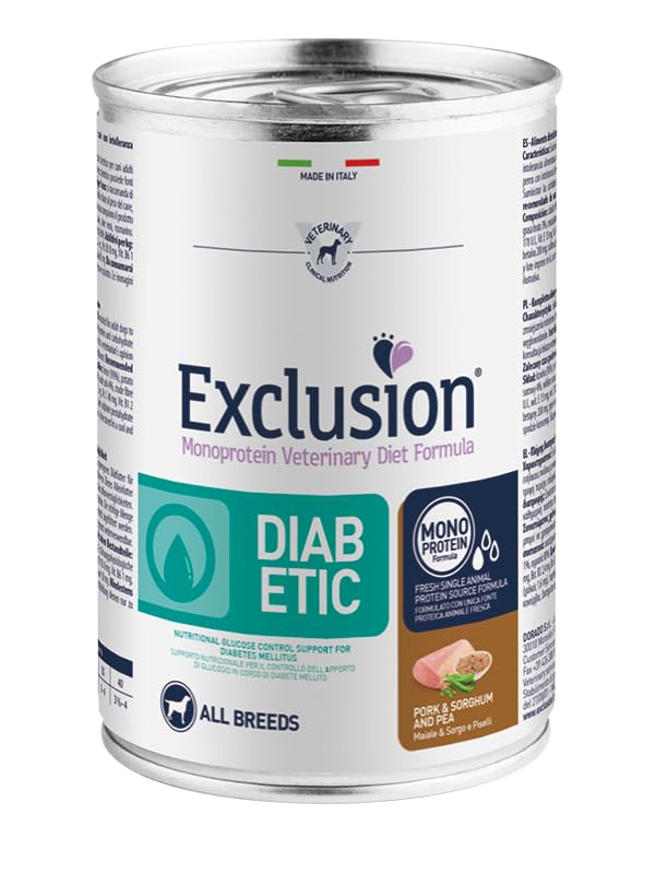EXCLUSION All Breeds Diabetic Perro sabor cerdo, orgo-guisantes | alimento húmedo completo para perros adultos de todas las tallas y razas, para perros con diabetes mellitus, monoproteico, 6 latas de