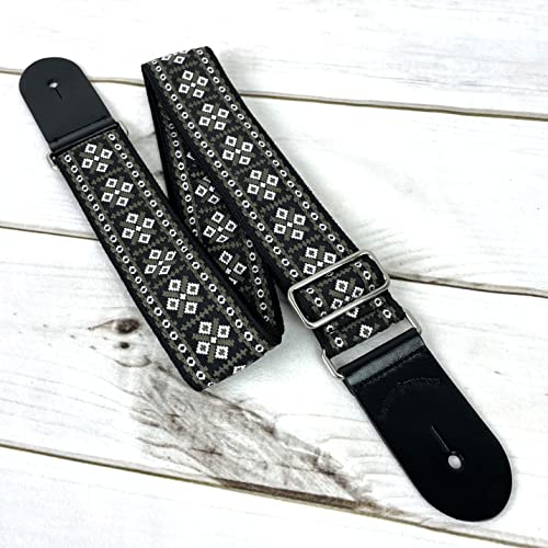 Walker And Williams H-14-M Grey & White Diamond Vintage Series Woven Guitar Strap With Thick Leather Ends For Acoustic, Electric, And Bass Guitars #TOP2
