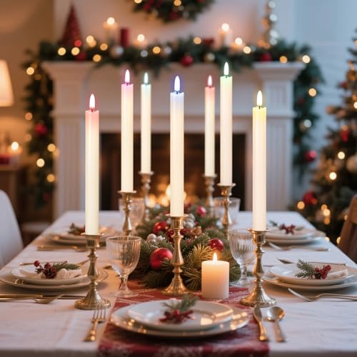 Image of GenSwin Flameless Taper Candles with Remote, Real Wax and Color Changing Wick LED Taper Candles Battery Operated, 6 Pcs Flameless Candlesticks for Halloween Christmas Decor(Ivory, 0.78 inchx9.6 inch)