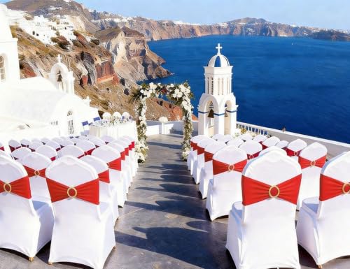 Image of Red Chair Sashes 50 Pack with Gold Buckle Slider, Spandex Red Chair Bands Bows for Folding Chairs Wedding Party Banquet Decor