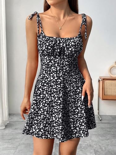 Image of Aahwan Women Fit and Flare Blue Summer Vacation Style Floral Print Spaghetti Strap with Shoulder Ties Mini Dress