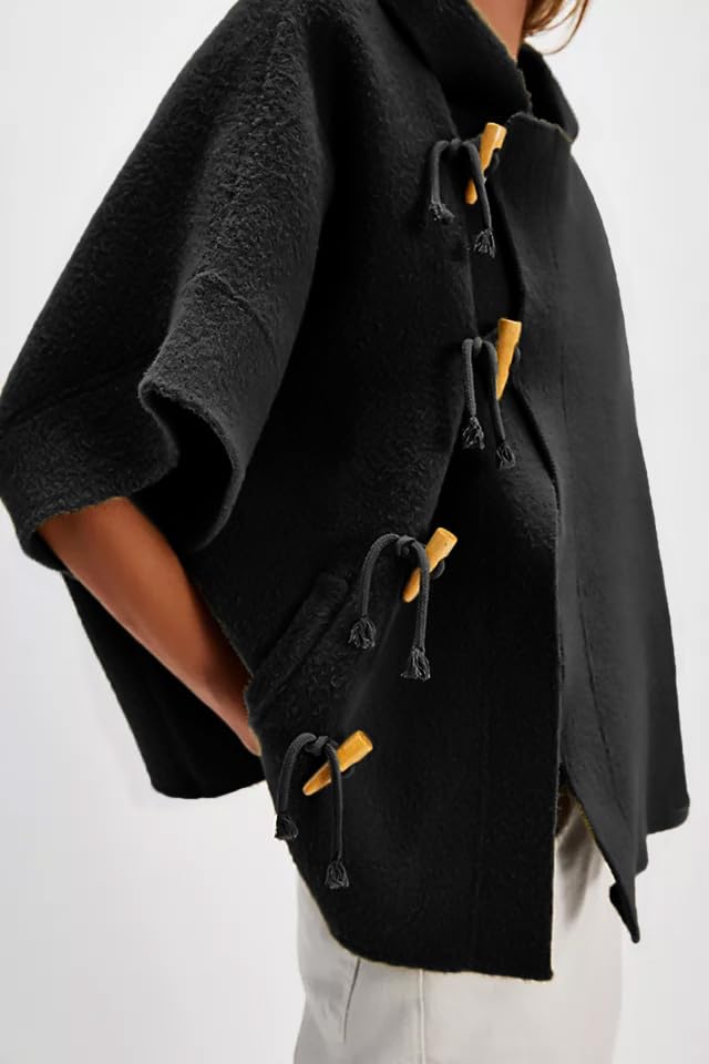 Image of Women Casual Poncho Sweater Wrap Hooded Batwing Sleeves Button Down Lightweight Cape Shawl Shirt Top