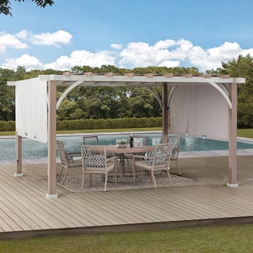 Sunjoy Outdoor Pergola 12 x 14 ft. with Adjustable Sun Shade Canopy for Backyard and Garden Shade, Patio Modern White Steel Frame Grape Trellis Pergolas, Light Gray by SummerCove