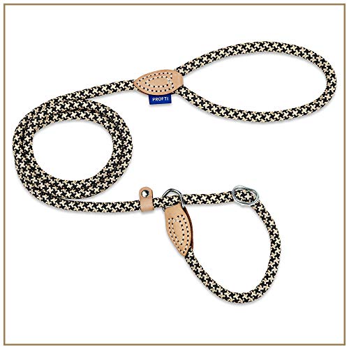 PROFTI Retrieverleine aus Nylon, Lederelemente, Zugstopp, große/kleine Hunde, 150cm lang, Schwarz/Beige Cover