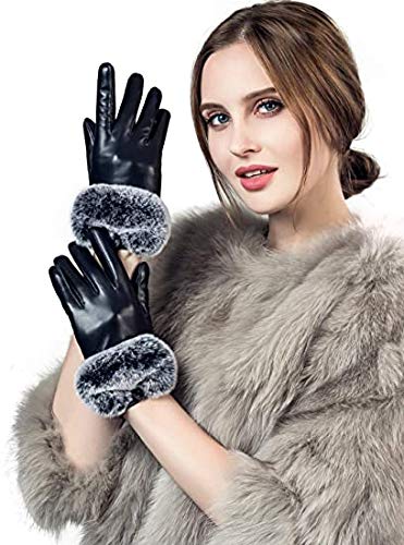 Devil Women's & Girl's PU Warm Gloves Rabbit Fur Wrist Mittens (Black; Free Size)-image-9