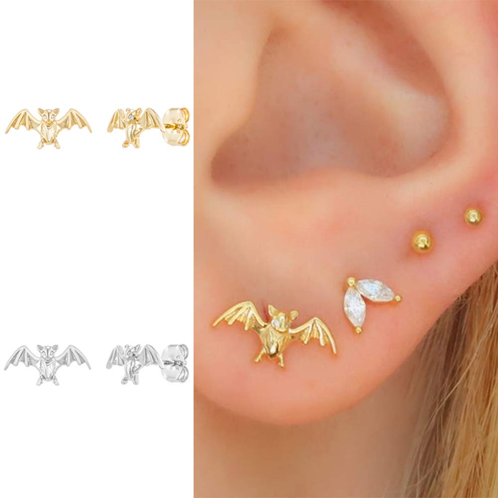 Bonitos aretes de tuerca de cartílago de murciélago para mujeres y hombres, plata de ley 925, diseño de animales pequeños punk, delicados aretes de circonita cúbica, joyería personalizada, joyería de 4
