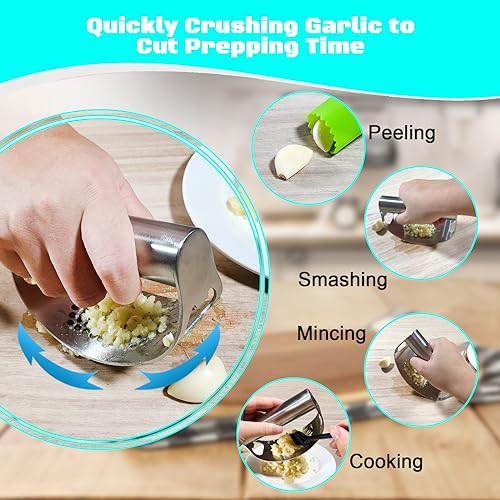 Garlic Press Rocker Set Bottle Opener Heavy Duty Stainless Steel Garlic Mincer Crusher Professional Kitchen Gadgets Garlic Chopper Silicone Peeler And Cleaning Brush