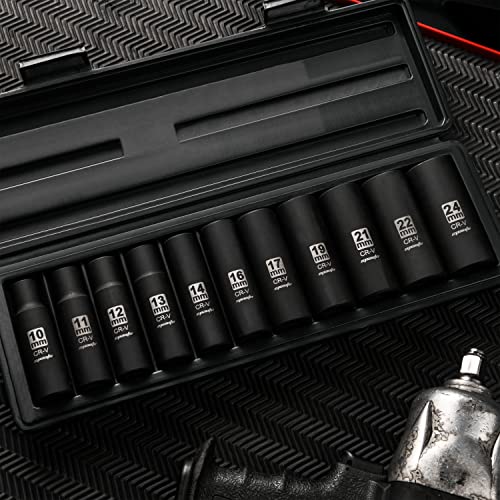 Epauto 1/2-Inch Drive Metric Deep Impact Socket Set, Cr-V, 6 Points, 11 Sockets #TOP3