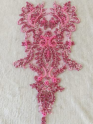 Handmade Rhinestones Lace Appliques Sew On Beads Trim Patches For Dress Clothing Accessories (Pink) #TOP2