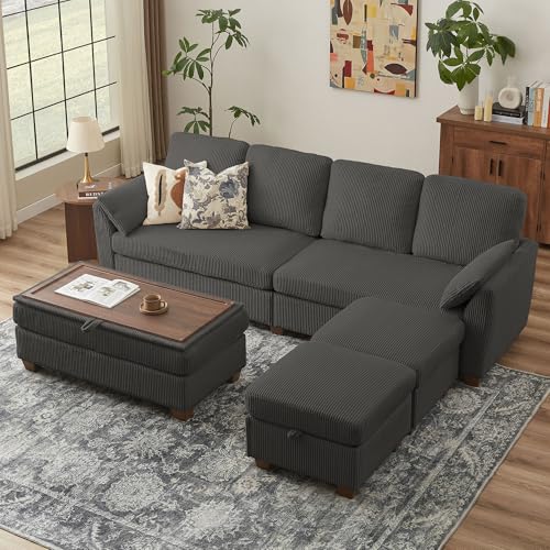 Image of Convertible Sectional Sofa with Storage Ottomans & Long Bench /Coffee Table, Modern Corduroy, U-Shaped Couch with Double Chaise, 4 Seat Sofa Set Couches for Living Room, Apartment, Dark Grey