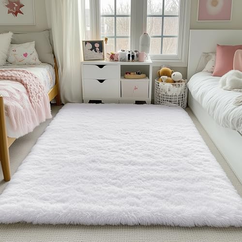 PAGISOFE White Fluffy Shag Area Rugs for Living Room 5x7, Soft Fuzzy Shaggy Rug for Bedroom Girls, Pastel Nursery Carpet Floor Room Dorm Rugs Boys Girls Plush Soft Kids Rug for Room Decor Aesthetic