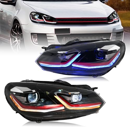 letsdate Projector Headlights Compatible For Golf6 MK6 Halogen Only 2010-2014 w/Breathing Animation w/Amber Sequential Turn Signal, Red Line No Need Bulbs(Read Details Below)