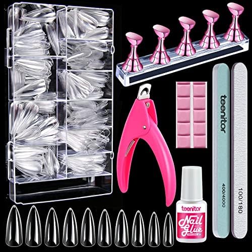 Clear Stiletto Nail Tips Full Cover, Teenitor Long Stiletto Nails Tips For Acrylic Nails, 600pcs Almond Stiletto Shape Fake Nails Tips With Glue, Acrylic Nail Clipper, Nail Stand for Press On Nails Clear Glue On Nails