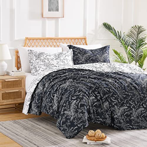 Southshore Fine Living, Inc. Oversized Comforter Bedding Set Down Alternative All-Season Warmth, Soft Reversible Floral Bedspread 3-Piece, Two Matching Shams, Winter Brush Black, King/California King #TOP4
