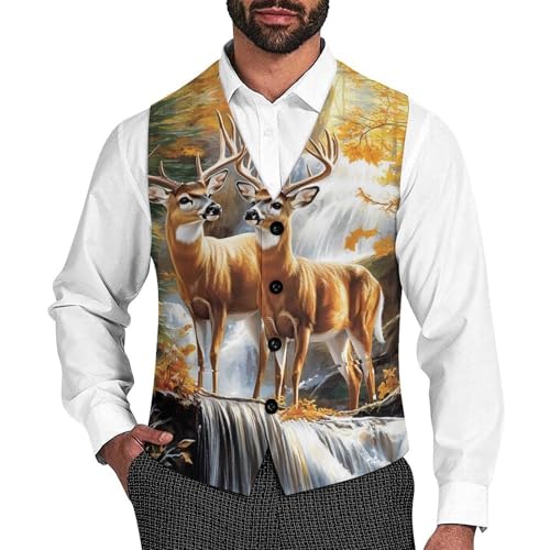 Deer Wild Animal Forests Men's Suit Vests Dress Vest V-Neck Waistcoat Slim Business Formal with Pocket