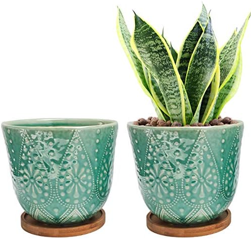 G EPGardening Unique Planters Garden Pot Green Glaze Ceramic Flower Pots Indoor Set of 2 with Drainage Bamboo Tray