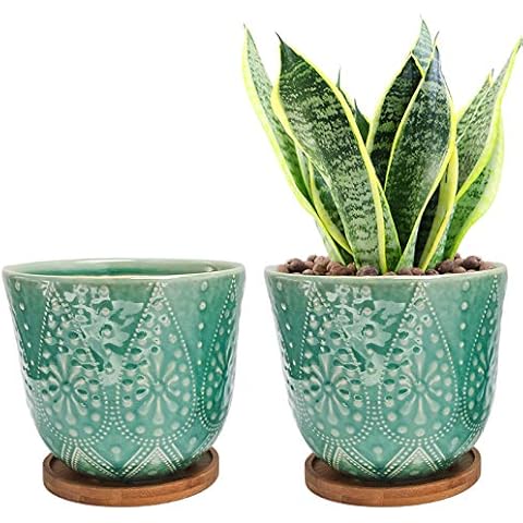 Unique Planters Garden Pot Green Glaze Ceramic Flower Pots Indoor Set of 2 with Drainage Bamboo Tray Cover