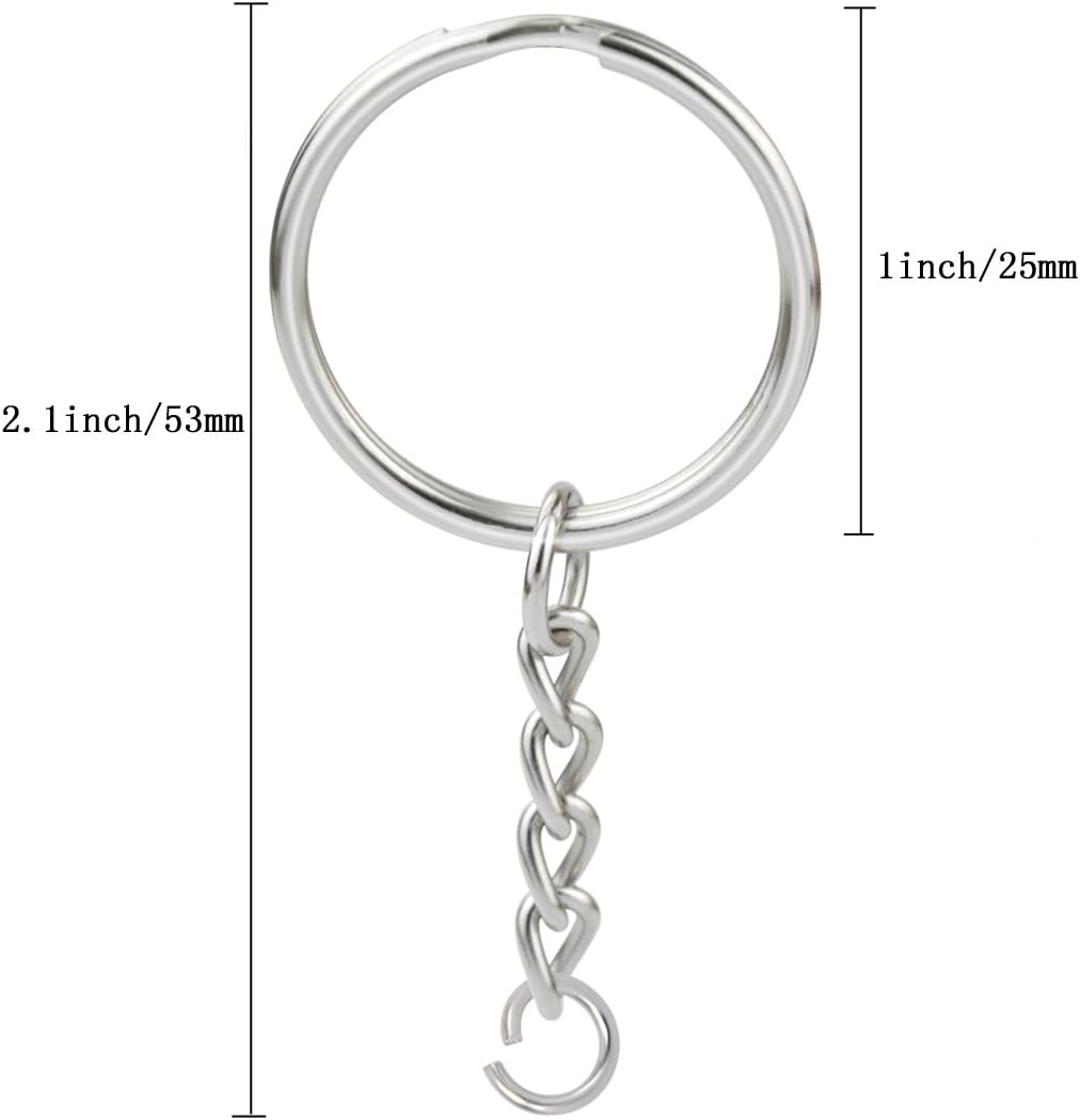 100pcs Split Key Ring with Chain, Lystaii Nickel Plated Split Key Ring Silver Color Metal Split Keychain Ring Parts with 1inch /25mm Open Jump Ring and Connector