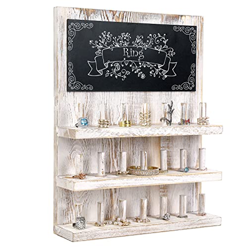 Mygift 3 Tier Wall Mounted Shabby Whitewashed Wood Jewelry Accessories Organizer With Chalkboard Sign - 21-Peg Ring Holder Storage Rack Display Shelves #TOP21
