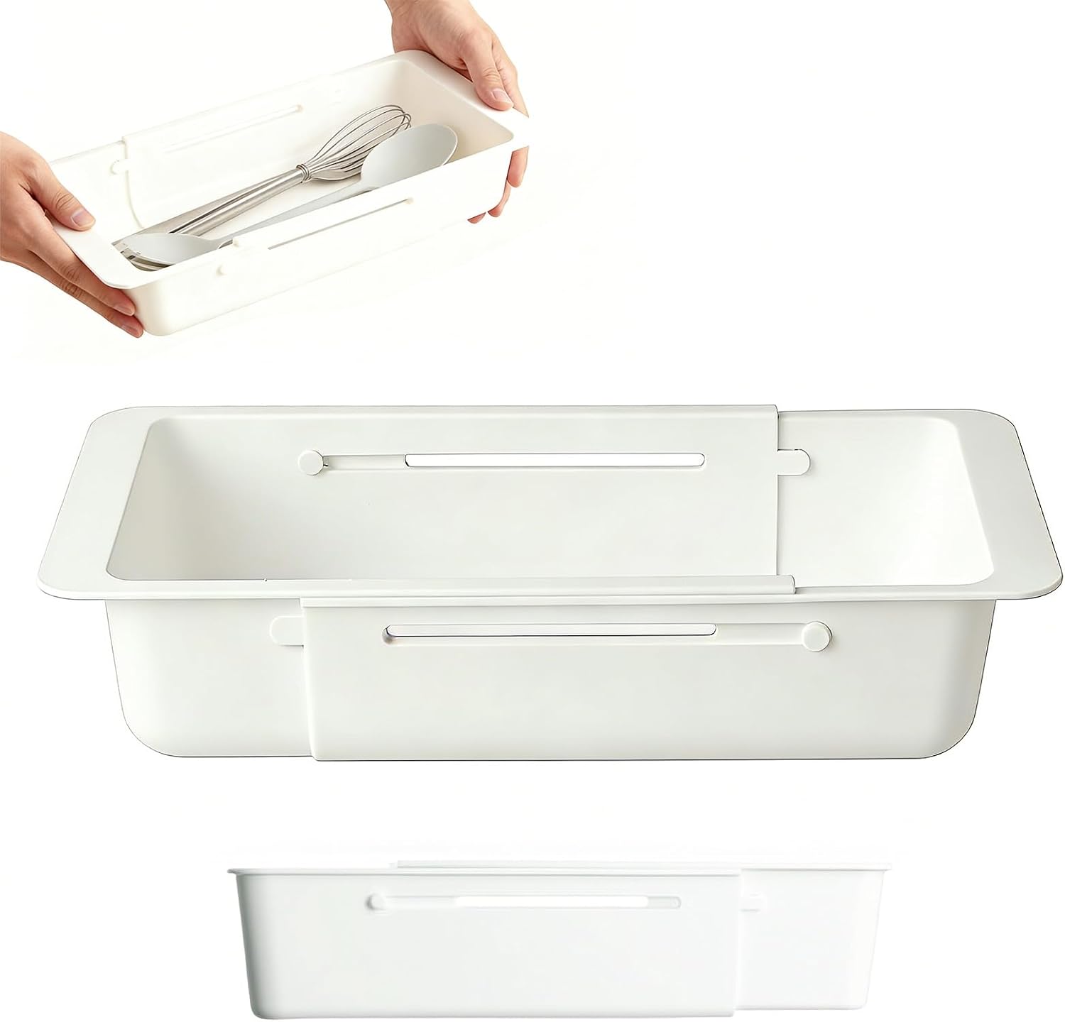 2 Pack Expandable Deep Drawer Organizer for Kitchen, Ideal as Cutlery Drawer Organizer. Sliding, Adjustable, 12.4-17.7". Durable Plastic.